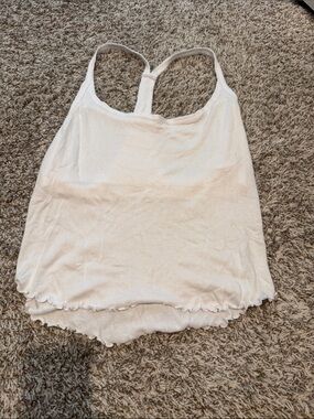 Free People White Ribbed Racerback Tank with Lettuce Hem